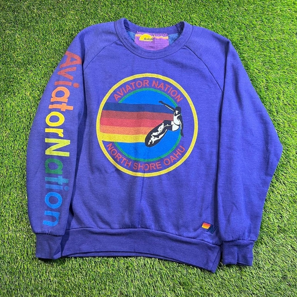 Aviator Nation North Shore Oahu Purple Rainbow Surfer Sweatshirt Made USA Small